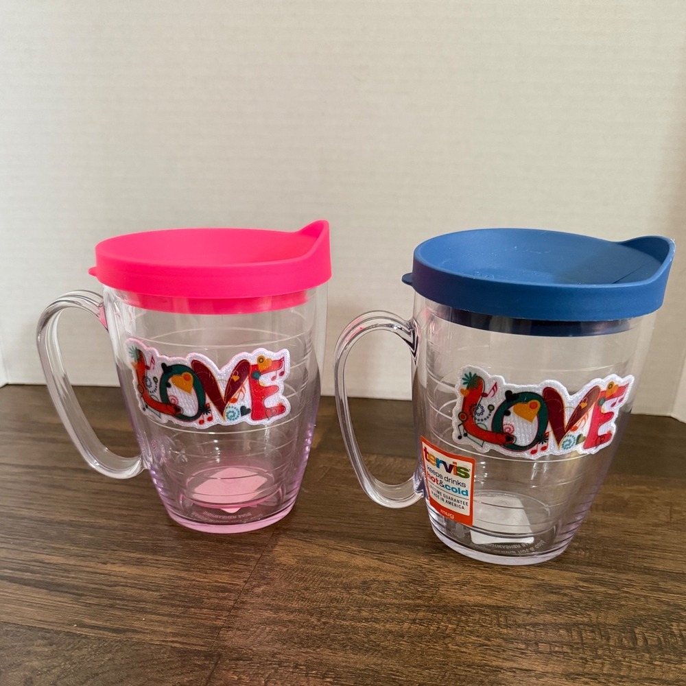 Tervis Love Patch Insulated Mug Set 10oz Pink Blue Lid‎ New Hot Cold USA Travel